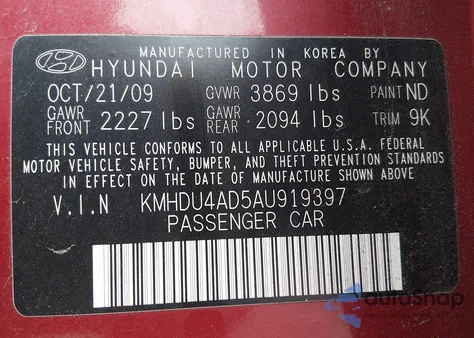 2010 Hyundai Elantra Gls from USA, damaged, VIN KMHDU4AD5AU919397